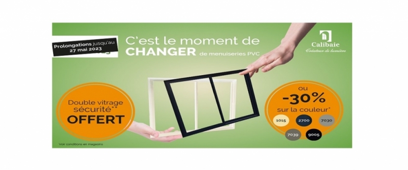 Le Double Vitrage OFFERT ou -30% sur la Couleur des Fenêtres PVC et des Portes-Fenêtres PVC jusqu'au 27 Mai 2023